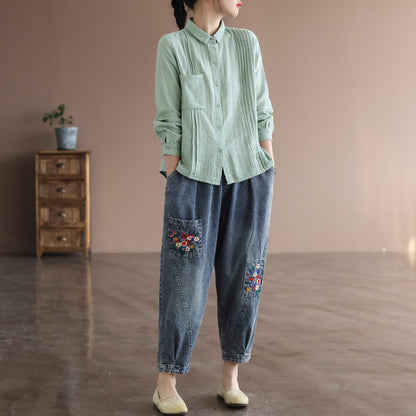 Pocket Embroidery High Waist Literary Retro Nine-point Harem Pants