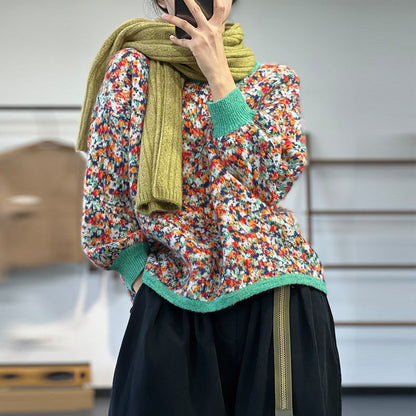 Floral Knit Casual Thick Warm Crew Neck Sweater