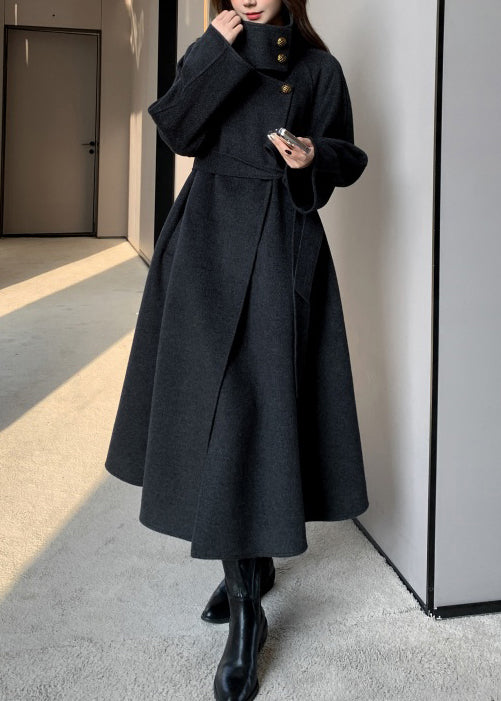 Boho Rose Stand Collar Tie Waist Woolen Trench Coats Winter
