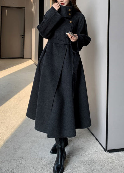 Boho Rose Stand Collar Tie Waist Woolen Trench Coats Winter