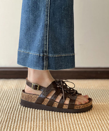 Brown Hollow Out Lace Up Splicing Platform Sandals Peep Toe