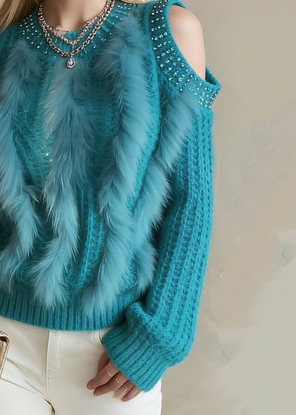 Unique Blue Zircon O-Neck Cold Shoulder Cotton Knit Sweaters Lantern Sleeve