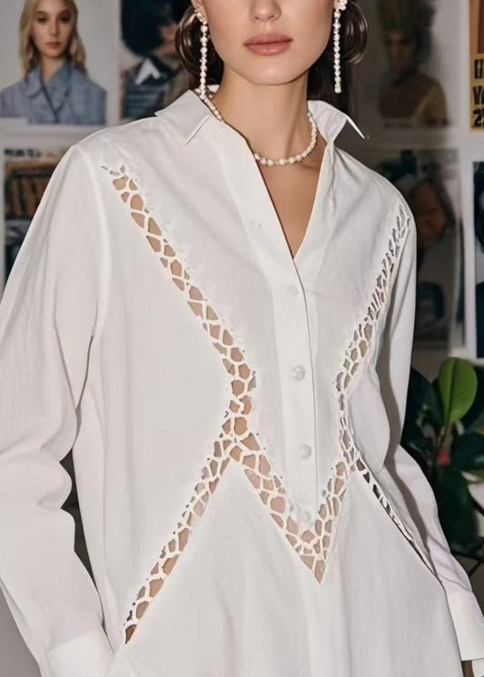 Boho White Hollow Out Patchwork Lace Long Blouses Spring