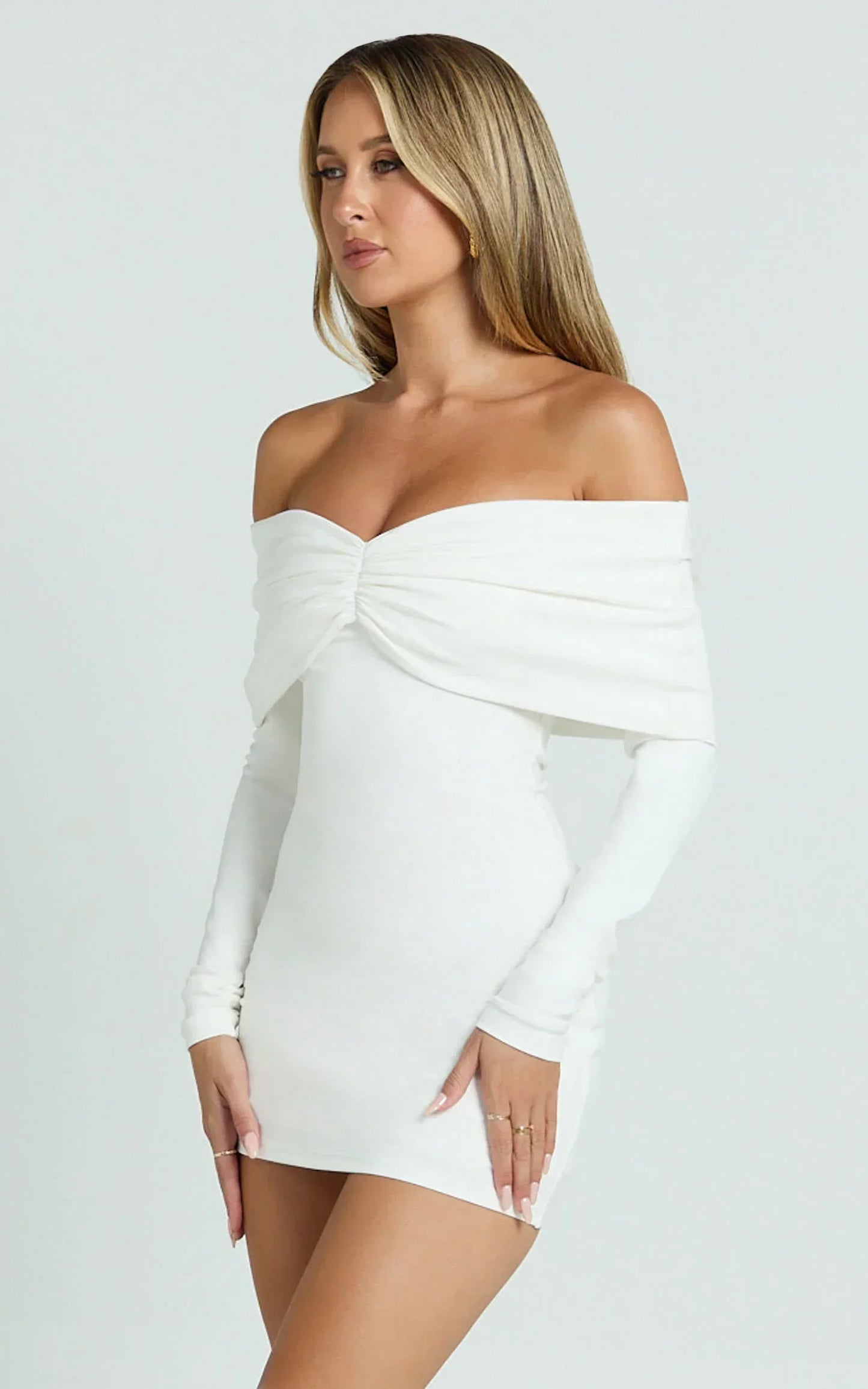 Rani Mini Dress Off Shoulder Long Sleeve Bodycon Dress In Off White