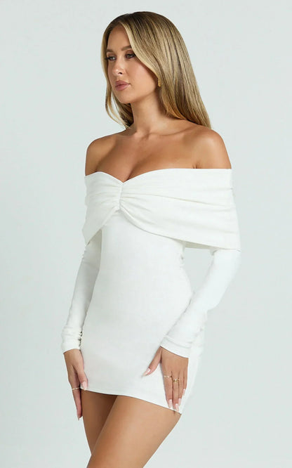 Rani Mini Dress Off Shoulder Long Sleeve Bodycon Dress In Off White