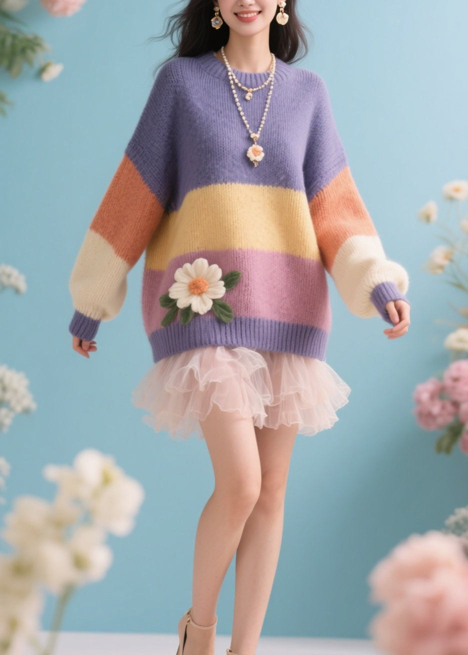 Boutique Colorblock O Neck Floral Knit Sweaters Fall