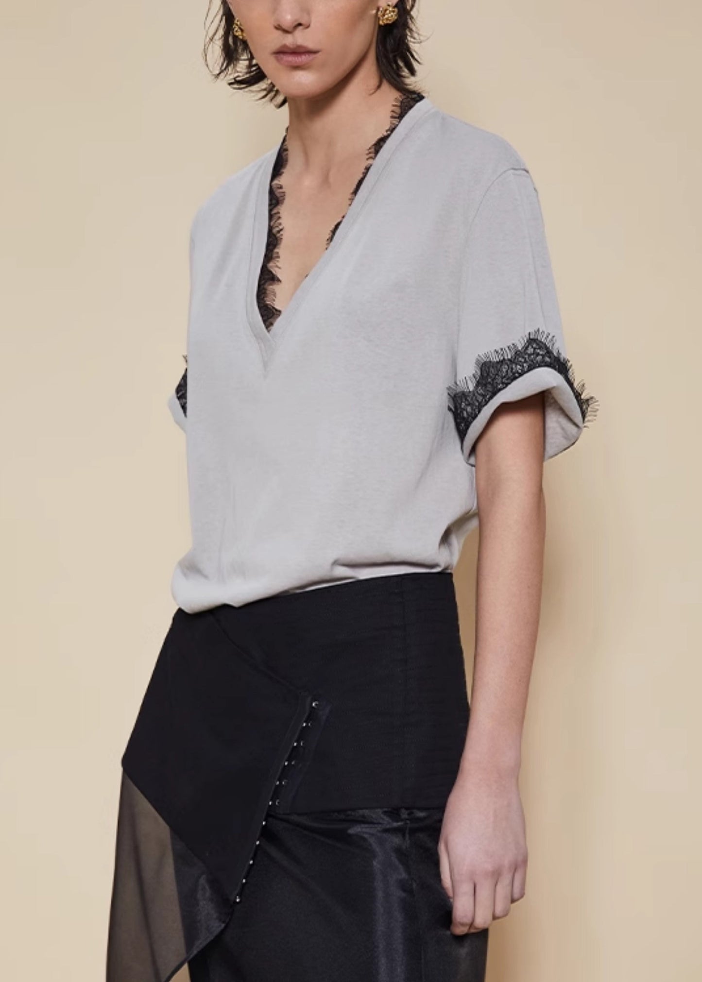 Grey Lace Solid Cotton T Shirt V Neck Short Sleeve