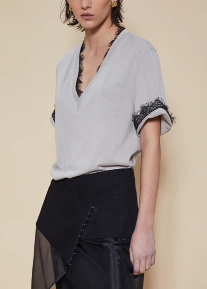 Grey Lace Solid Cotton T Shirt V Neck Short Sleeve
