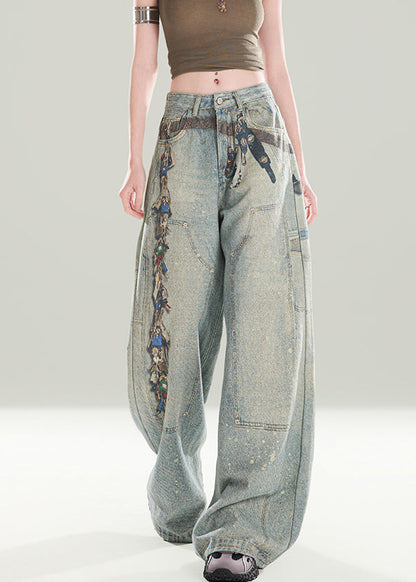 Women Stylish Blue Pockets Print Denim Wide Leg Pants Fall