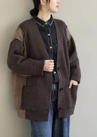 Aesthetic Chocolate Knitted T Shirt V Neck Button Downfall Fashion  Knit Sweat Tops