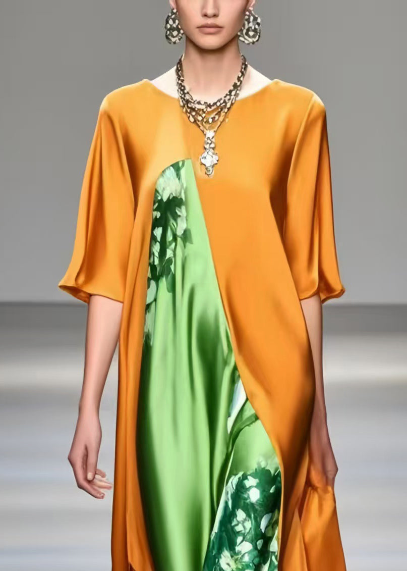 Bohemian Orange Oversized Patchwork Silk Dresses Half Sleeve