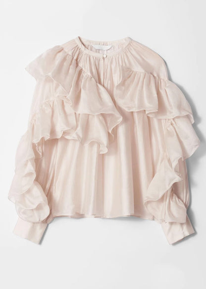 Stylish O-Neck Ruffled Solid Silk Shirts Fall