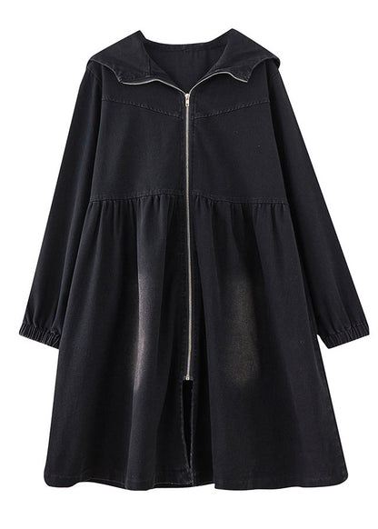 Women Black Peter Pan Collar Zippered Denim Long Trench Coats Fall