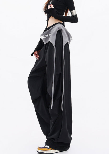 Casual Black Pockets Wrinkled Cotton Wide Leg Pants Fall