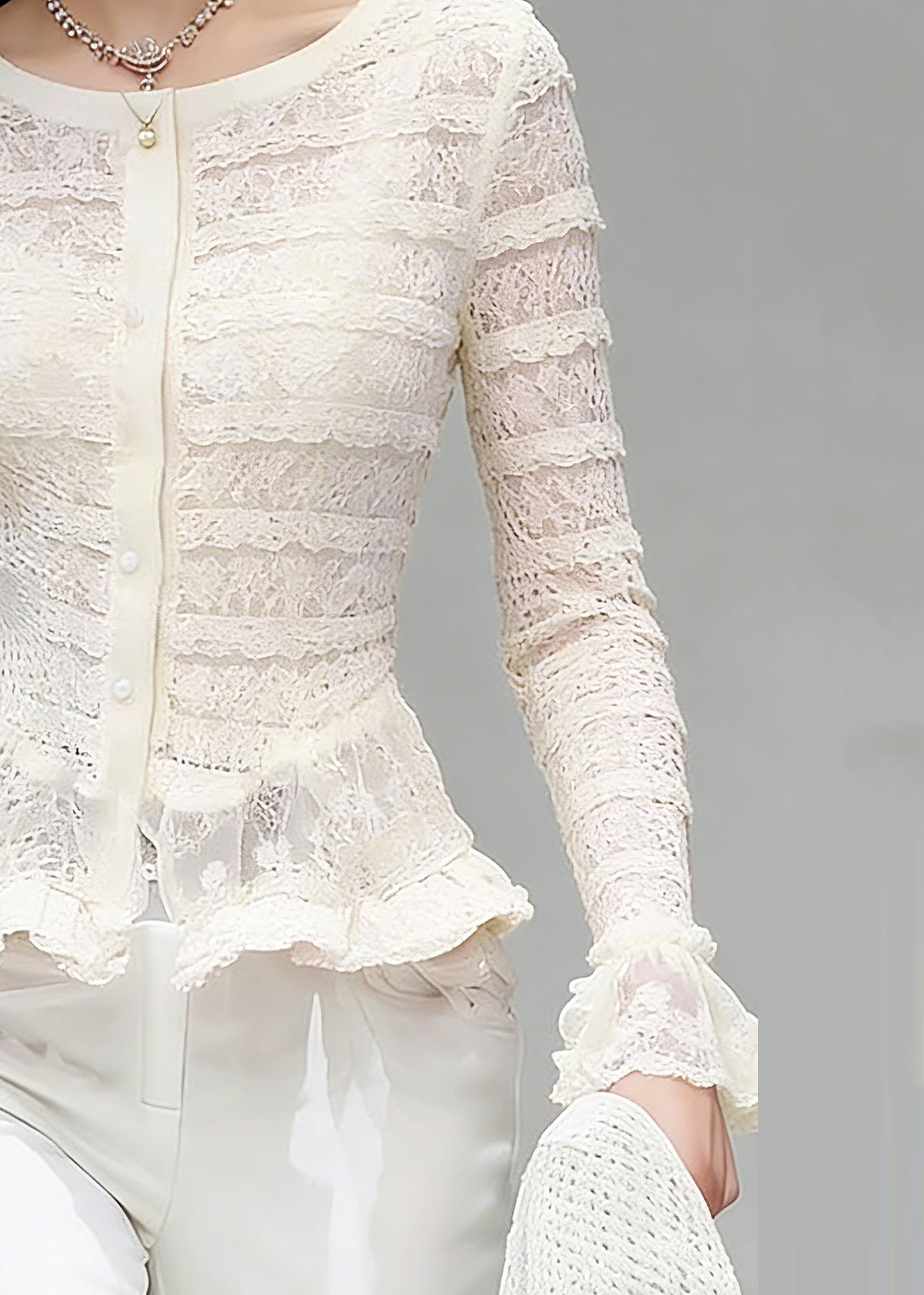 Bohemian White O-Neck Ruffled Patchwork Lace Tops Flare Sleeve