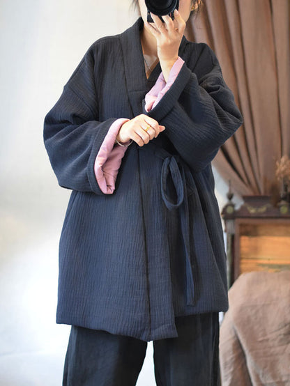 Women Winter Chinese Style Drawstring Linen Cotton Coat