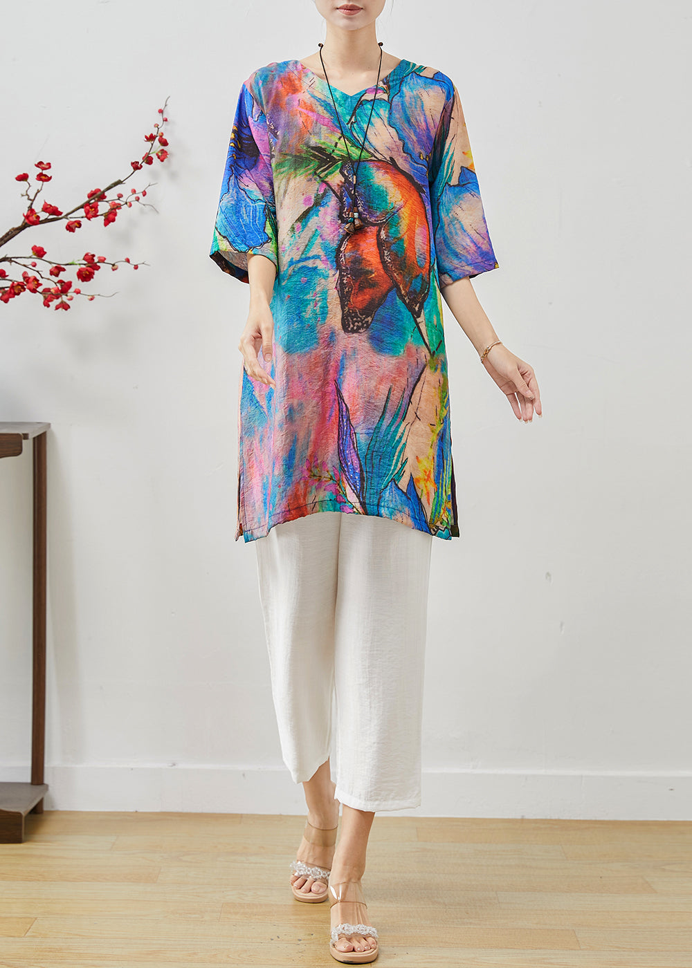 Elegant Blue Butterfly Tie Dye Linen Two Pieces Set Summer