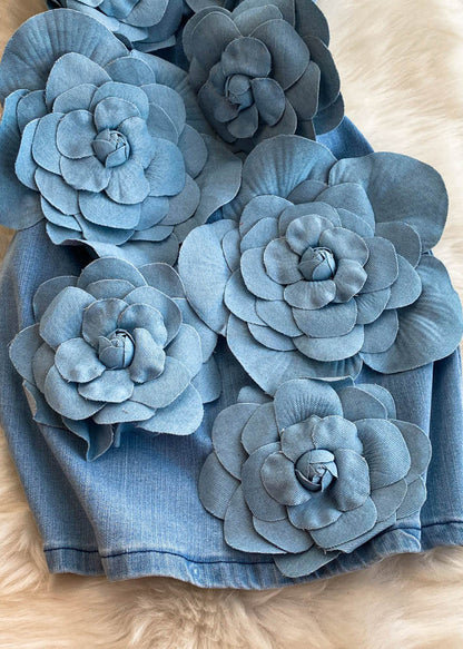 Sexy Blue Slash Neck Floral Denim Mid Dresses Summer