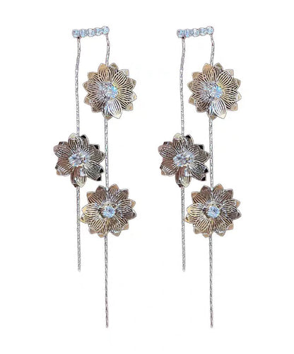 Skinny Silk Copper Zircon Floral Tassel Drop Earrings