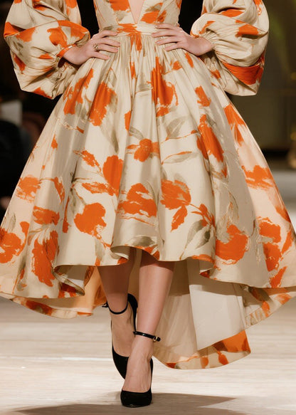 Chic Orange Print Exra Large Hem Vestidos Dresses Lantern Sleeve