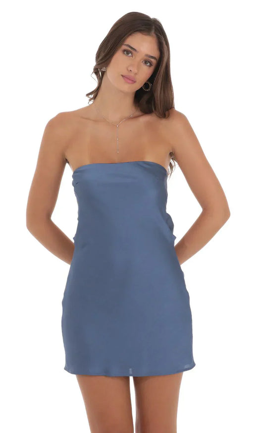 Satin Pearl Open Back Dress In Slate Blue