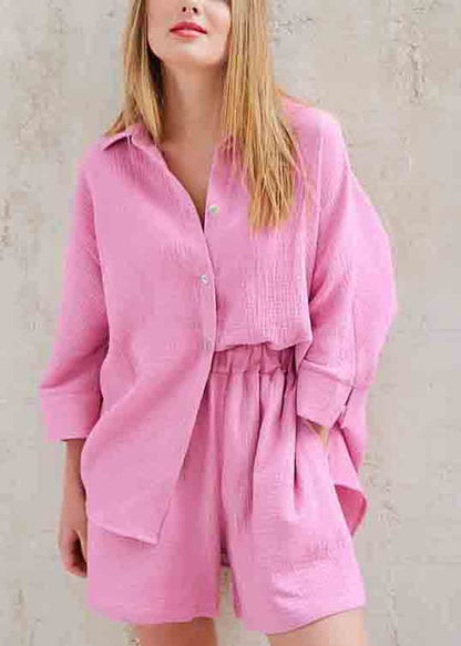 Art Solid Color Oversized Cotton Shirts And Shorts Two Pieces Set Long Sleeve