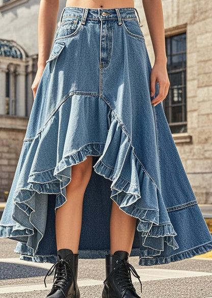 Style Blue Ruffled Exra Large Hem Denim Skirts Spring