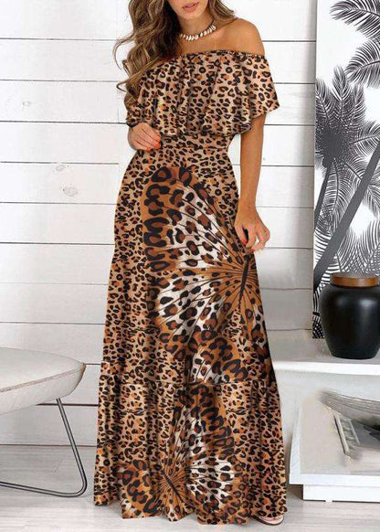 Bohemian Yellow Cold Shoulder Print Wrinkled Maxi Dress Short Sleeve