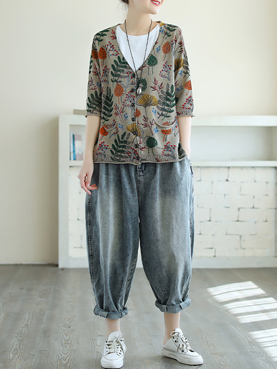 Plus Size - Leaf Printed Half Sleeve Women Knitted Shirt