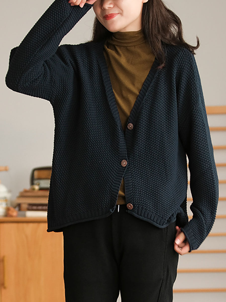 Women Winter Artsy Knitted Button Hemming Solid Sweater