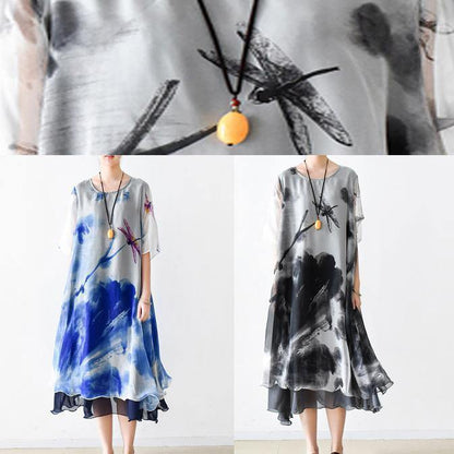 Bohemian o neck pockets chiffon Long Shirts Indian Sleeve blue print Dress Summer