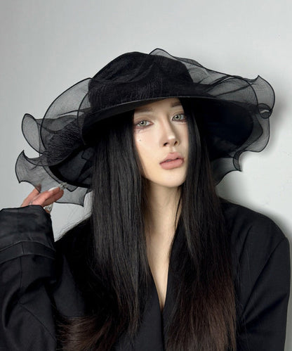 Italian Black Ruffled Organza Holiday Sun Hat