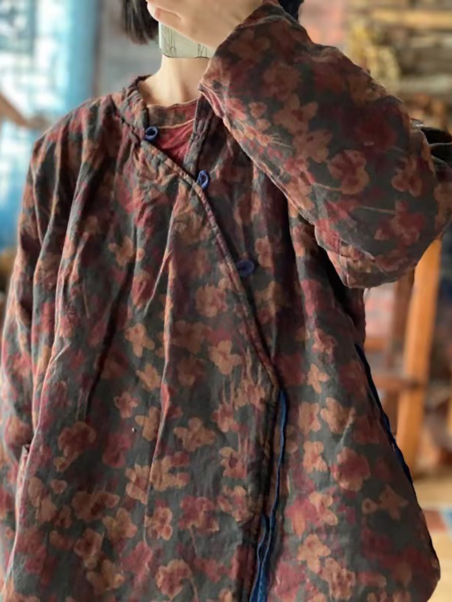 Women Stand Collar Print Pure Linen Vintage Loose Padded Coat