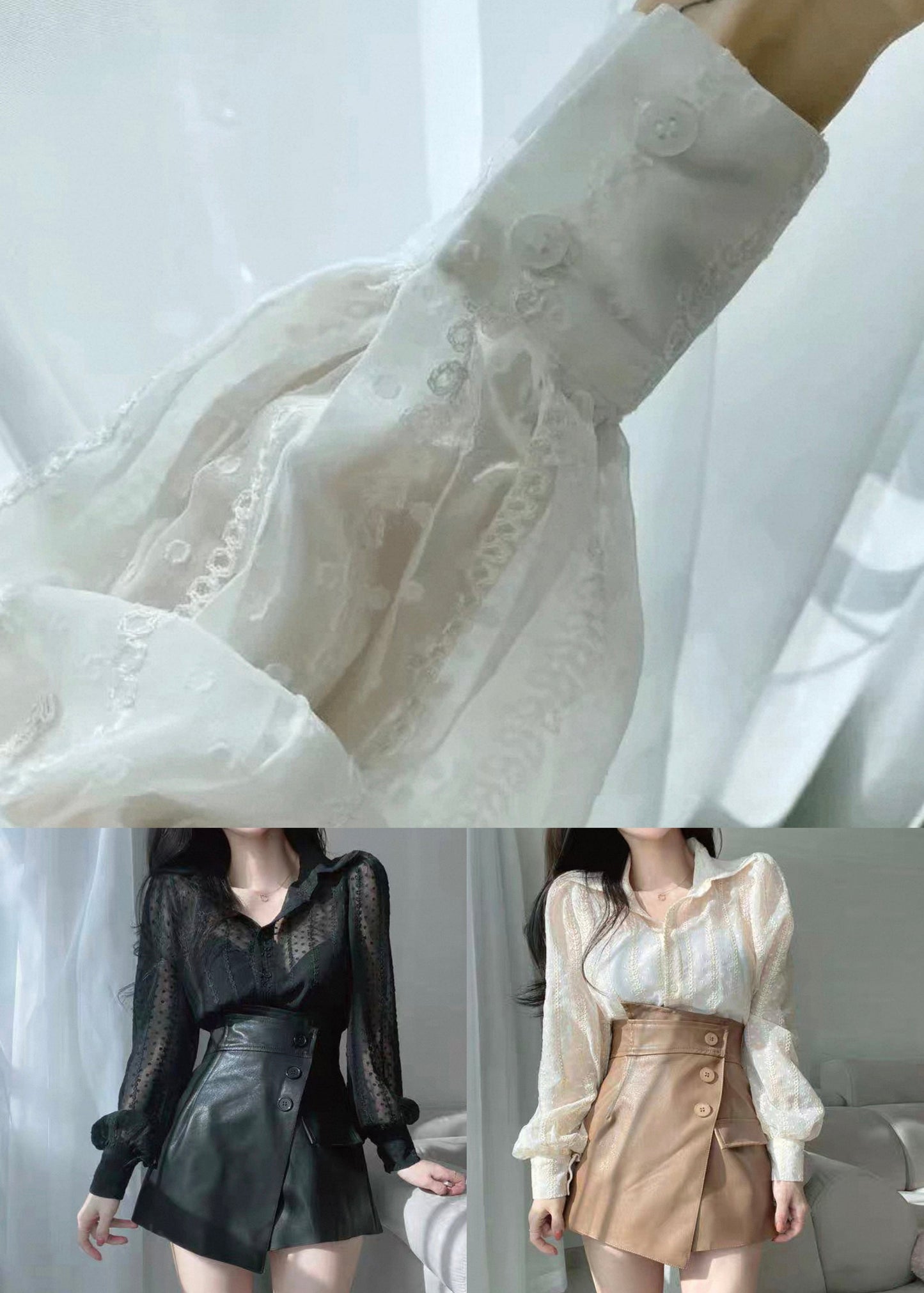 Fashion Beige Lace Button Solid Cotton Shirts Puff Sleeve