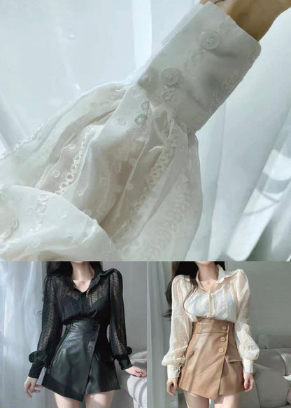Fashion Beige Lace Button Solid Cotton Shirts Puff Sleeve