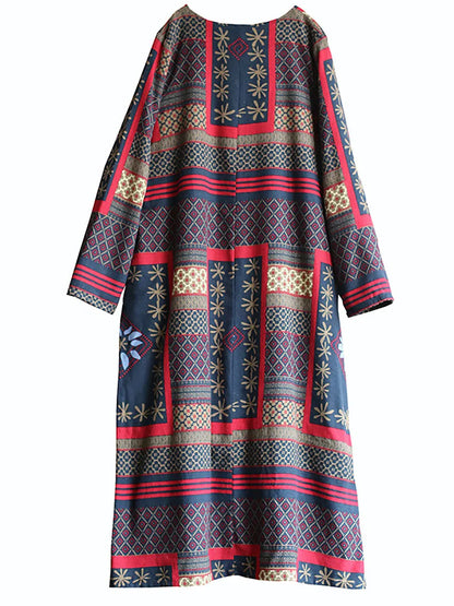 Women Winter Vintage Ethnic Pocket Print Loose Dress