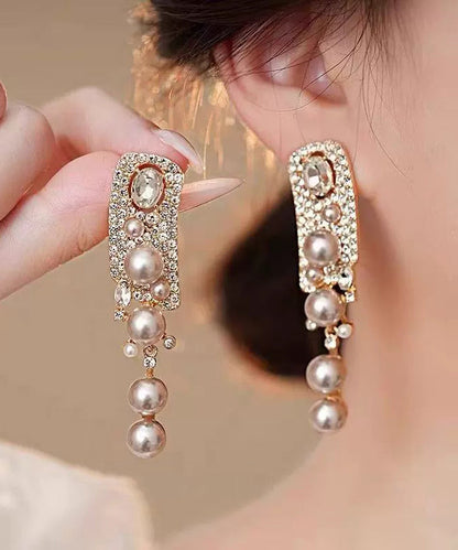 Fashion Rose Alloy Zircon Pearl Tassel Drop Earrings