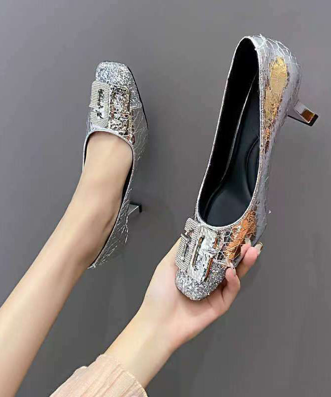 Gold Zircon Splicing Chic Chunky High Heels Square Toe