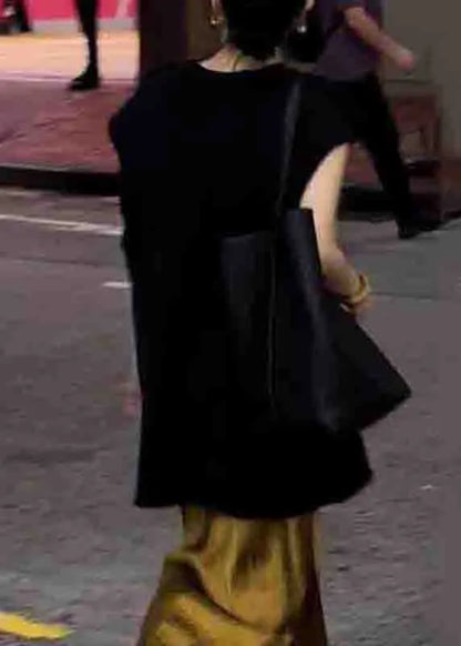 Italian Black Tops And Gold Skirts Side Open Patchwork Silk Two Piece Set  Summer