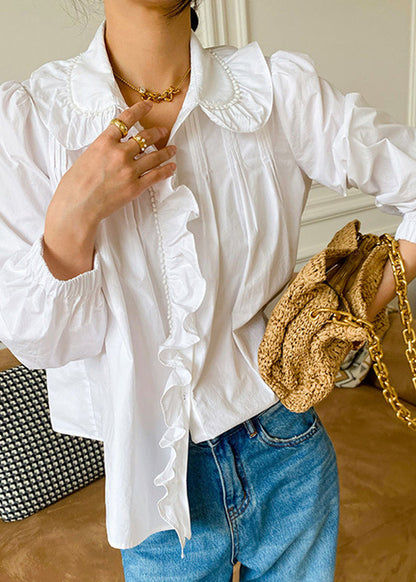 Fine White Peter Pan Collar Ruffled Patchwork Cotton Shirts Spring