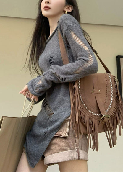 Women Grey Asymmetrical Hollow Out Knit Sweater Spring