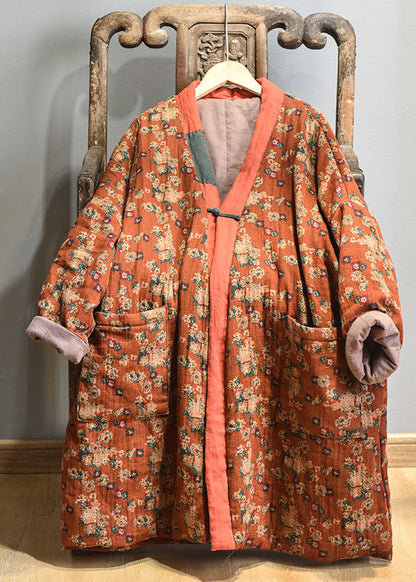Vintage Purple V Neck Pockets Print Fine Cotton Filled Winter Coats
