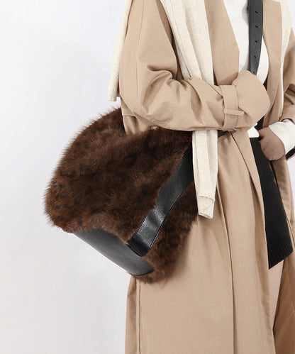 Fashion Coffee Leopard Large Capacity Fuzzy Fur Satchel Bag Handbag