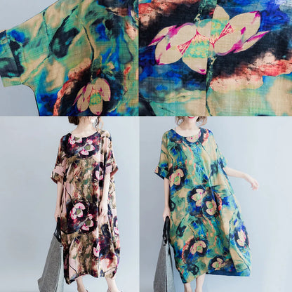fine pink prints linen dresses casual o neck linen maxi dress fine short sleeve linen caftans
