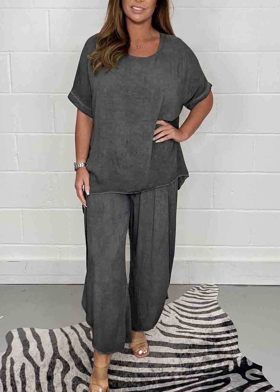 Casual Solid Color Oversized Side Open Linen Two Pieces Set Summer