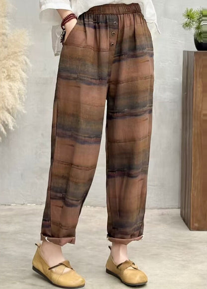 Plus Size Brown Oversized Print Linen Harem Pants Summer