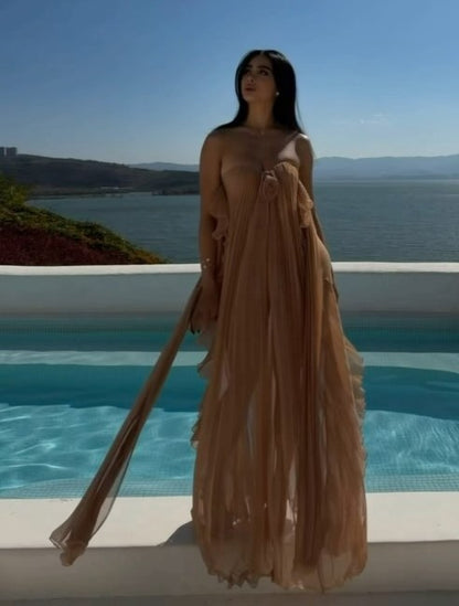 Nude Pleated Strapless Maxi Dress | Vacation Style Rose Decor Off-Shoulder Gown