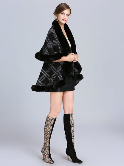 Women Poncho Wrap Faux Fur Collar Double Layer