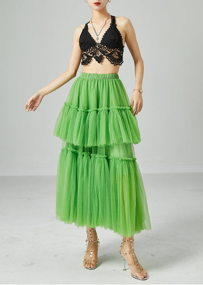 Boho Green Elastic Waist Patchwork Wrinkled Tulle Skirts Summer