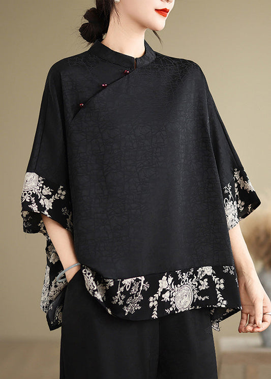 Vintage Black Mandarin Collar Patchwork Silk Shirt Summer